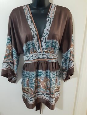 Single Silk Boho Paisley Kimono Sleeve Tunic Top Brown Flowy S